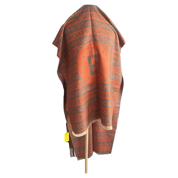 NWT Fendi Deep Orange & Slate Gray Cashmere Silk Blend Scarf Shawl Wrap 26”x76” - Picture 3 of 8